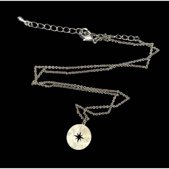 Minimalist Gold Tone Compass Pendant Necklace On Silver Tone Chain - Picture 1 of 6